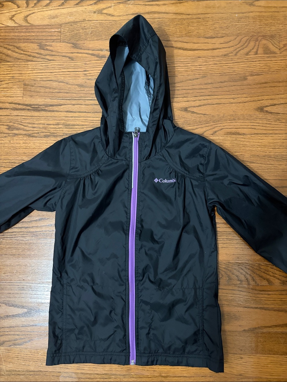 Columbia Black Rain Jacket with Purple Zipper